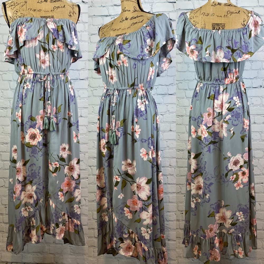 Band Of Gypsies Gray Floral On/Off Shoulder Button Down Front High Lo Dress